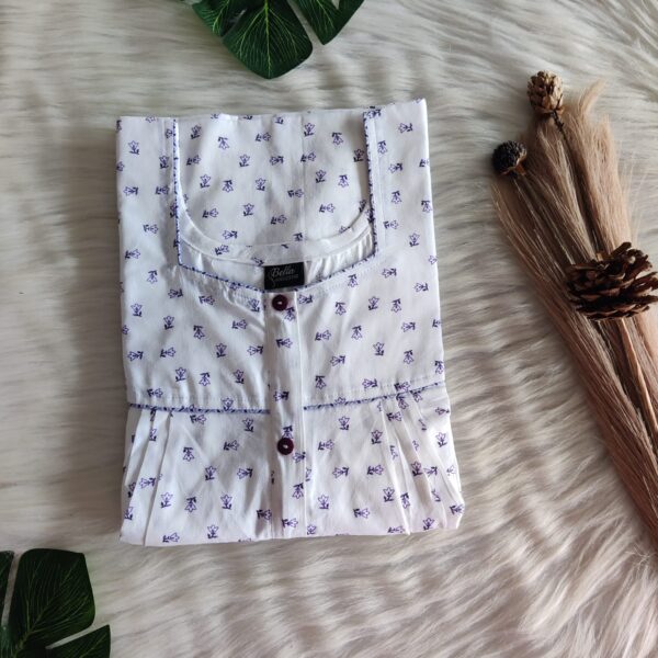 Purple Floral Printed White Pure Cotton Plus Size Button Zip Nighty | Free Size | Chest Width 50″| Length 55″-56″