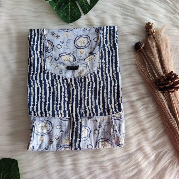 Dark And Pale Blue Floral Printed Premium Cotton Pleated Vertical Zip Feeding Nighty | Free Size | Chest Width 44″| Length 54″-56″