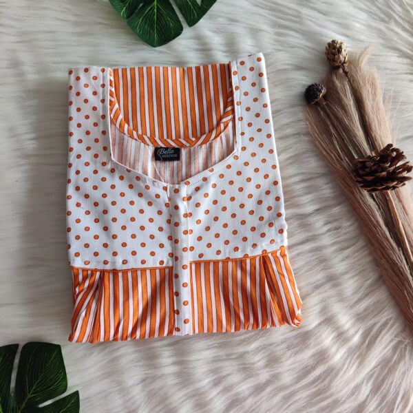 White And Orange Stripes Printed Premium Cotton Pleated Vertical Zip Feeding Nighty | Free Size | Chest Width 44″| Length 54″-56″