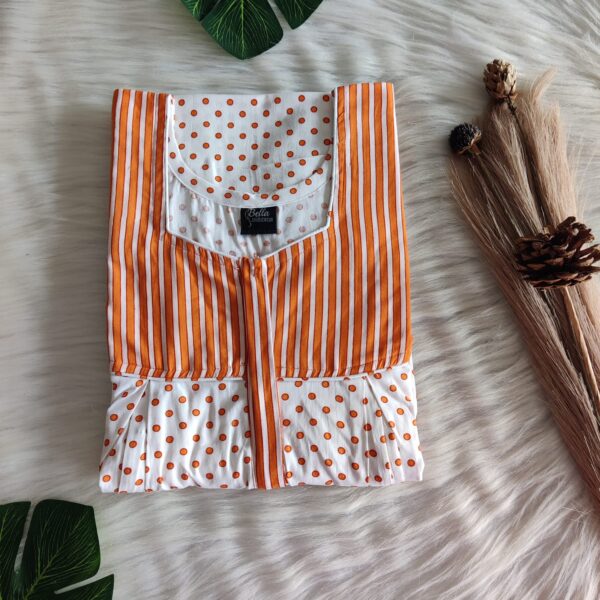 Orange And White Dot Printed Premium Cotton Pleated Vertical Zip Feeding Nighty | Free Size | Chest Width 44″| Length 54″-56″