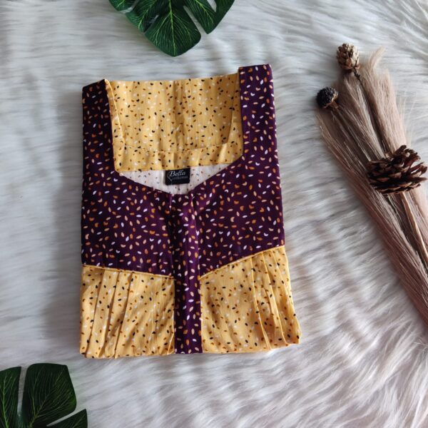 Brown And Yellow Printed Premium Cotton Square Neck Pleated Nighty | Free Size | Chest Width 44″| Length 55″-56″