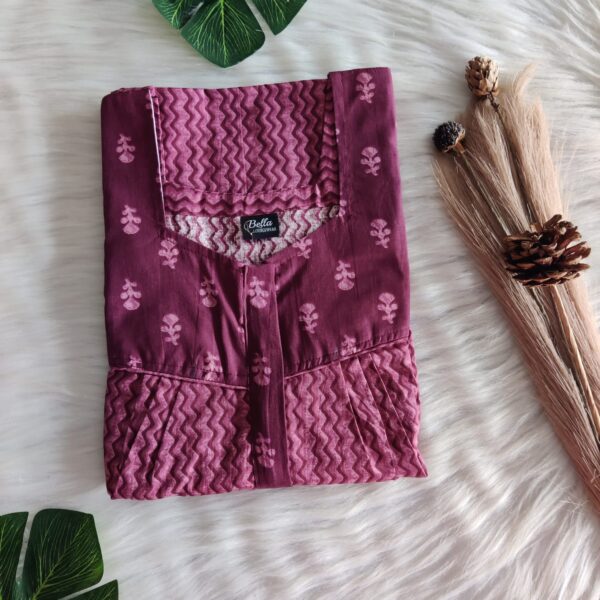 Dark And Pale Mauve Printed Premium Cotton Square Neck Pleated Nighty | Free Size | Chest Width 44″| Length 55″-56″