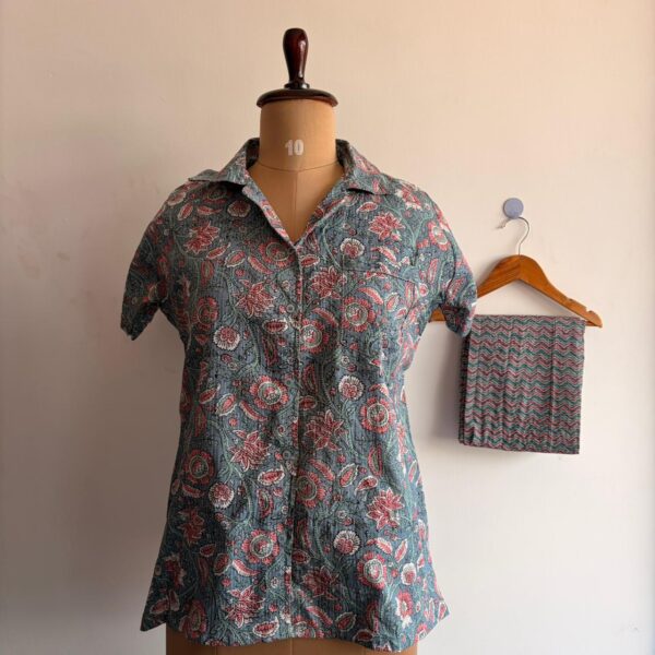 Grey And Peach Floral Printed Kantha Cotton Shirt Pyjama Set | Free Size|