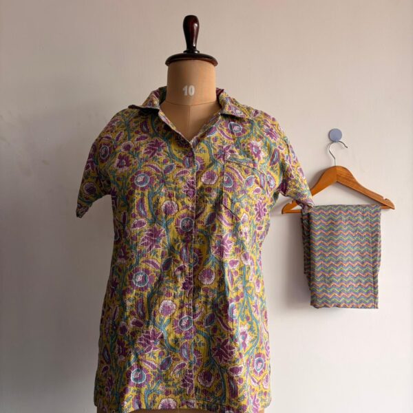 Lemon Yellow And Purple Floral Printed Kantha Cotton Shirt Pyjama Set | Free Size|
