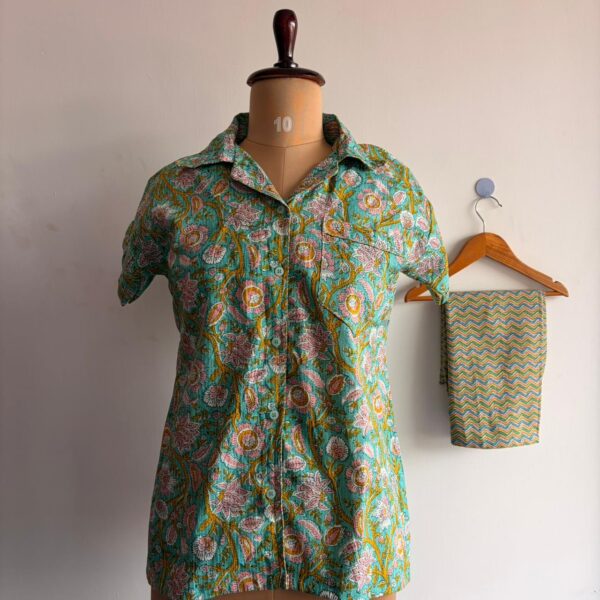 Green And Peach Floral Printed Kantha Cotton Shirt Pyjama Set | Free Size |