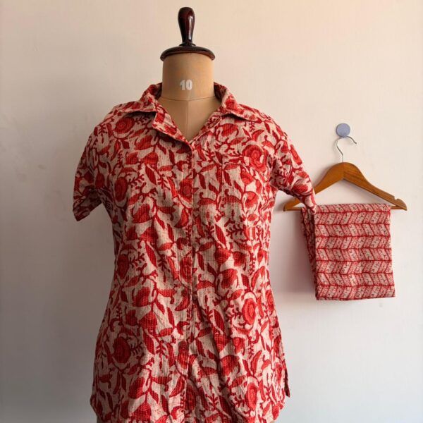Red And Cream Floral Printed Kantha Cotton Shirt Pyjama Set | Free Size|