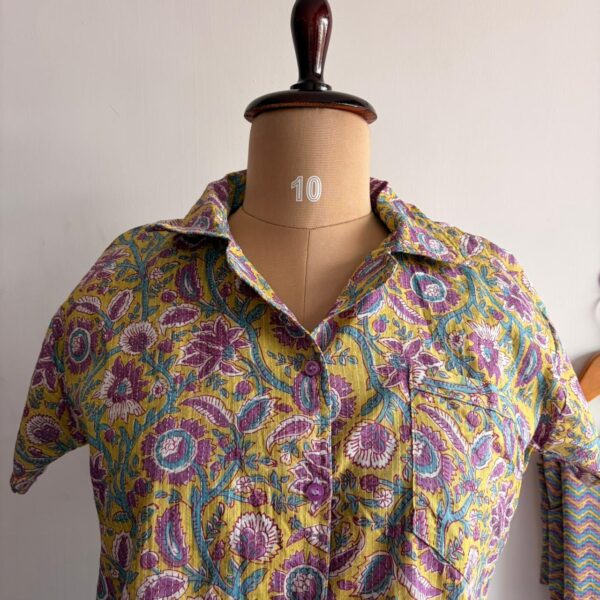 Lemon Yellow And Purple Floral Printed Kantha Cotton Shirt Pyjama Set | Free Size| - Image 2