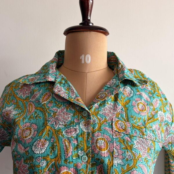 Green And Peach Floral Printed Kantha Cotton Shirt Pyjama Set | Free Size | - Image 2