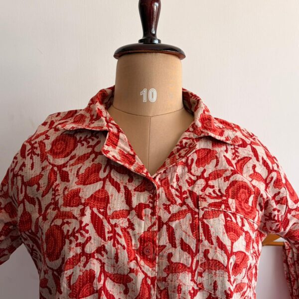 Red And Cream Floral Printed Kantha Cotton Shirt Pyjama Set | Free Size| - Image 2