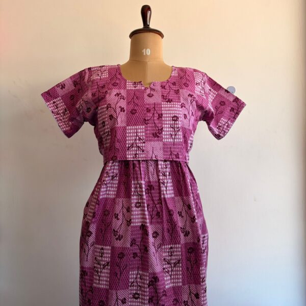 Pink Printed Premium Cotton Buttonless Zipless Short Maternity Nighty | Free Size | Chest Width 44″| Length 46″
