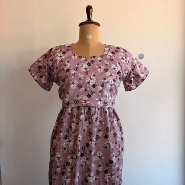 Pale Brown Floral Printed Premium Cotton Buttonless Zipless Short Maternity Nighty | Free Size | Chest Width 44″| Length 46″