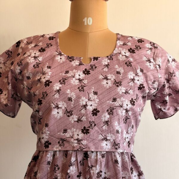 Pale Brown Floral Printed Premium Cotton Buttonless Zipless Short Maternity Nighty | Free Size | Chest Width 44″| Length 46″ - Image 2