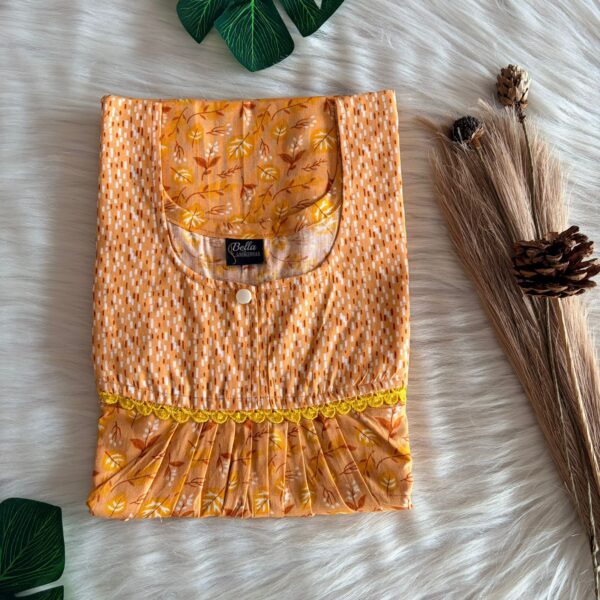 White And Orange Floral Printed Premium Cotton Lace Nighty | Free Size | Chest Width 44″| Length 54″-56″