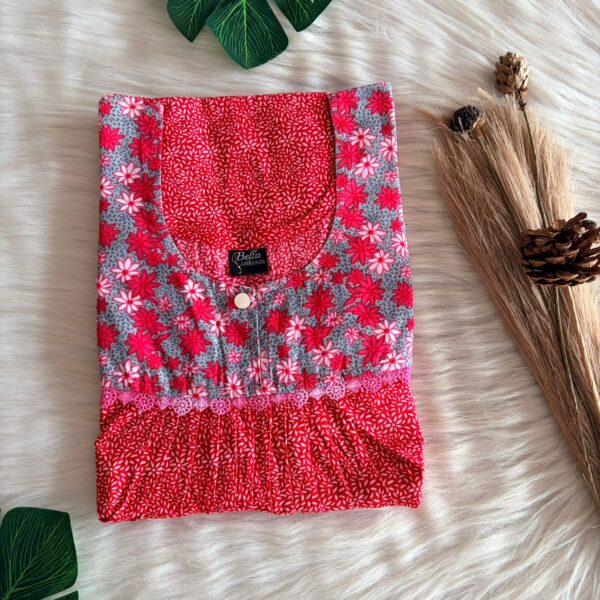 Grey And Red Floral Printed Premium Cotton Lace Nighty | Free Size | Chest Width 44″| Length 54″-56″