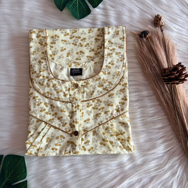 Pale Yellow Floral Pure Cotton Long Zip Pleated Nighty | Chest Width 44″ | Length 56″