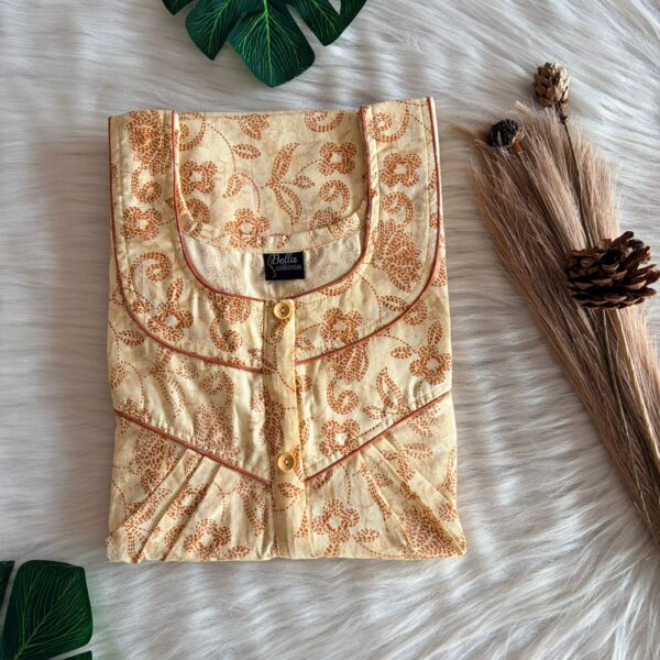 Cream Floral Pure Cotton Long Zip Pleated Nighty | Chest Width 44″ | Length 56″