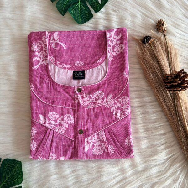 Pink Floral Pure Cotton Long Zip Pleated Nighty | Chest Width 44″ | Length 56″
