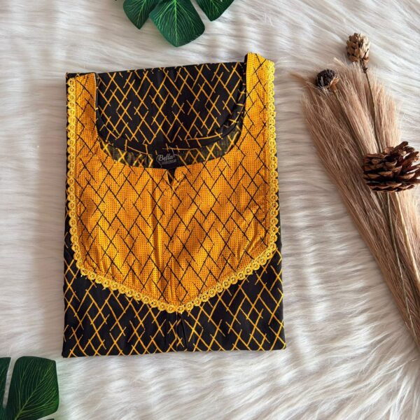 Yellow And Black Printed Premium Cotton Mix N Match Lace Pocket Nighty | Free Size | Chest Width 44″| Length 56″