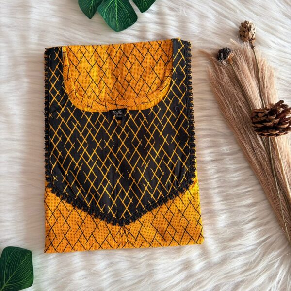 Black And Yellow Printed Premium Cotton Mix N Match Lace Pocket Nighty | Free Size | Chest Width 44″| Length 56″