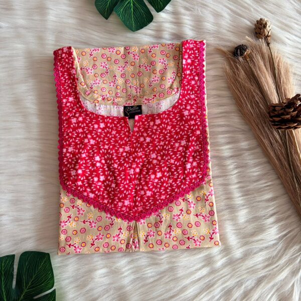 Red And Cream Floral Printed Premium Cotton Mix N Match Lace Pocket Nighty | Free Size | Chest Width 44″| Length 56″