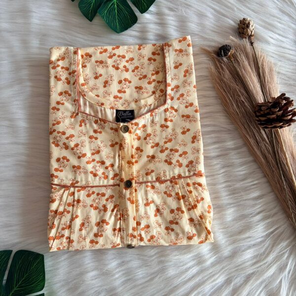 Cream Floral Printed Printed Pure Cotton Button Zip Nighty | Free Size | Chest Width 44″| Length 55″-56″
