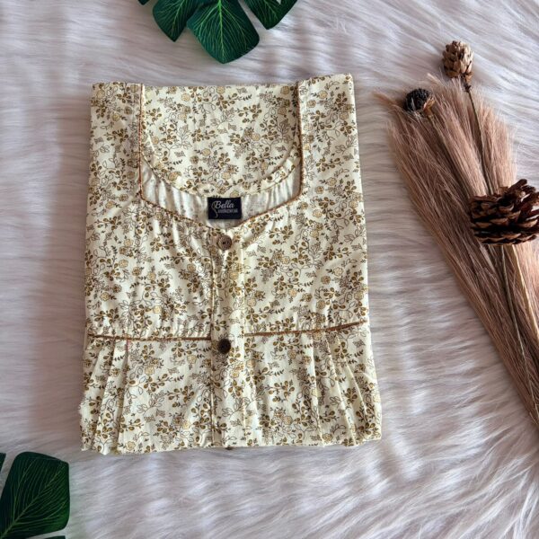 Pale Yellow Floral Printed Printed Pure Cotton Button Zip Nighty | Free Size | Chest Width 44″| Length 55″-56″