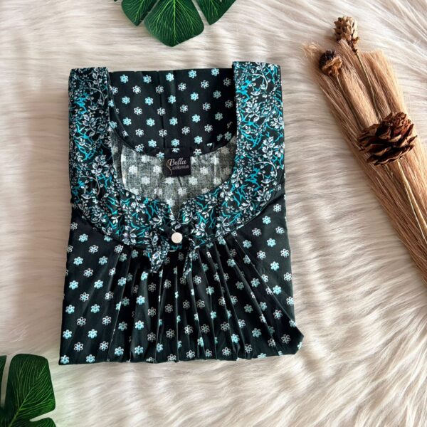 Grey And Green Floral Printed Premium Cotton No Zip Pleated Nighty | Free Size | Chest Width 44″| Length 55″-56″