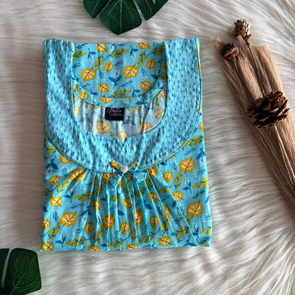Blue And Yellow Leaf Printed Premium Cotton No Zip Pleated Nighty | Free Size | Chest Width 44″| Length 55″-56″