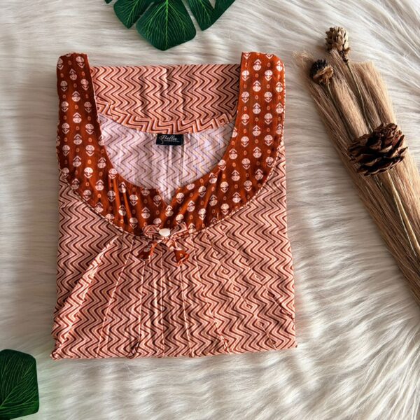 Dark And Pale Rust Brown Printed Premium Cotton No Zip Pleated Nighty | Free Size | Chest Width 44″| Length 55″-56″