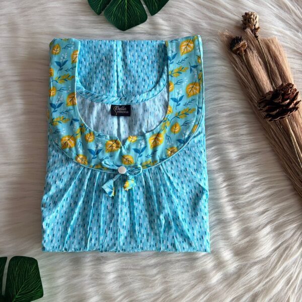 Yellow And Blue Printed Premium Cotton No Zip Pleated Nighty | Free Size | Chest Width 44″| Length 55″-56″