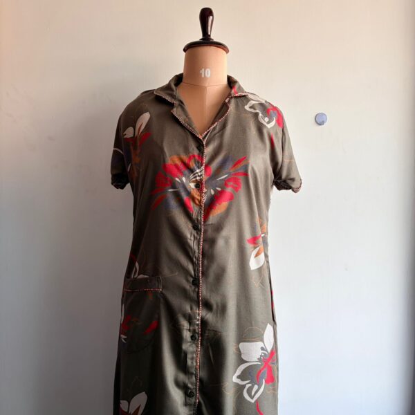 Olive Green Floral Printed Alpine Full Open Long Polo Shirt Dress | Free Size | Chest Width 44″| Length 44″