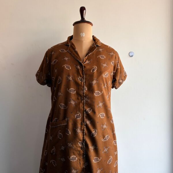 Brown Printed Alpine Full Open Long Polo Shirt Dress | Free Size | Chest Width 44″| Length 44″