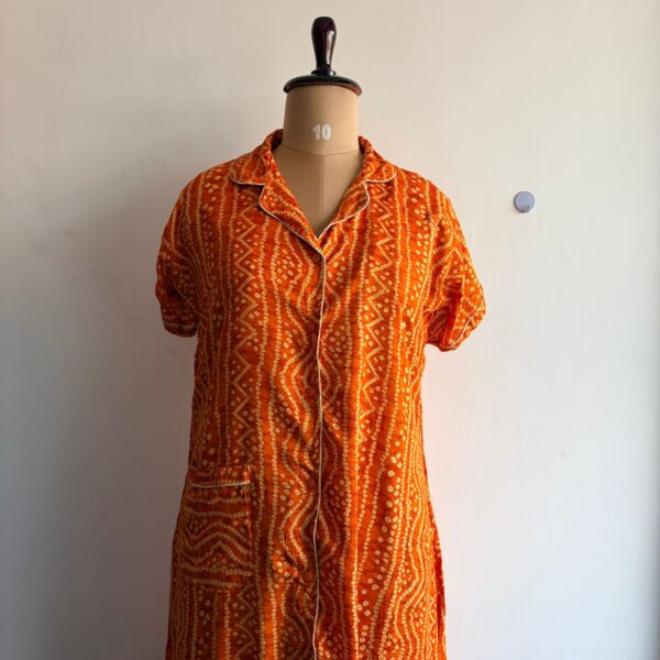 Yellow Bandhani Printed Rayon Full Open Long Polo Shirt Dress | Free Size | Chest Width 44″| Length 44″