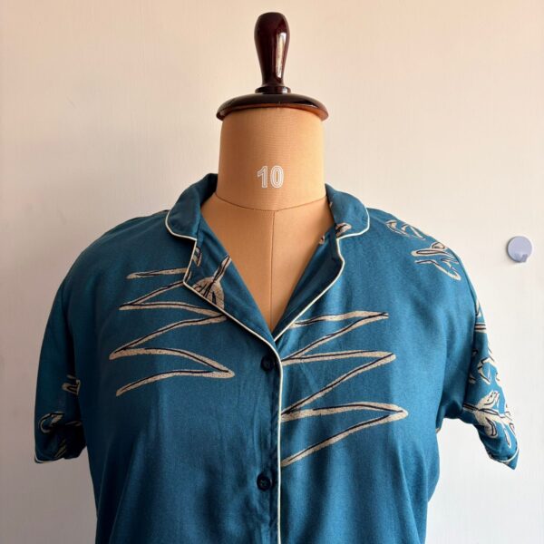 Blue Printed Alpine Full Open Long Polo Shirt Dress | Side Pocket | Free Size | Chest Width 44″| Length 44″ - Image 2