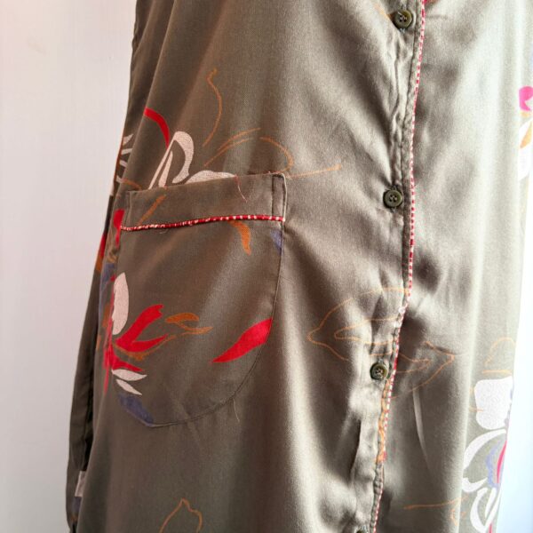 Olive Green Floral Printed Alpine Full Open Long Polo Shirt Dress | Free Size | Chest Width 44″| Length 44″ - Image 3