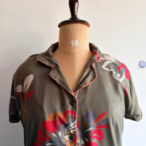 Olive Green Floral Printed Alpine Full Open Long Polo Shirt Dress | Free Size | Chest Width 44″| Length 44″ - Image 2