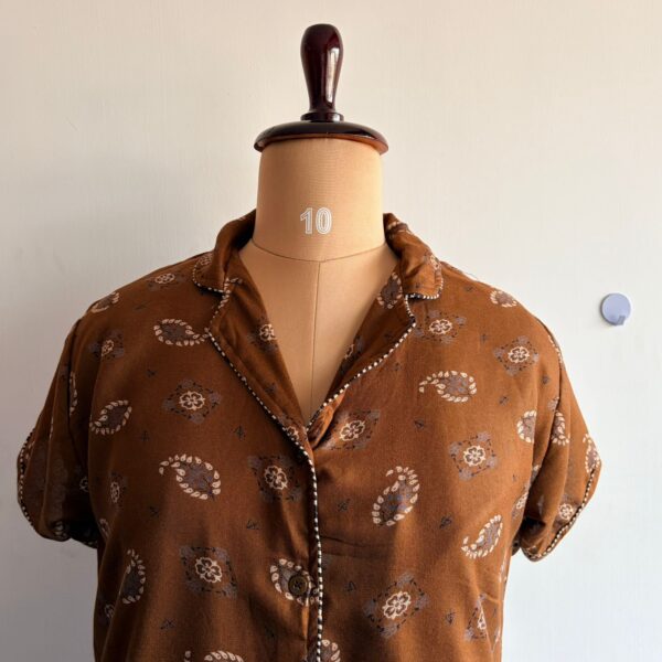 Brown Printed Alpine Full Open Long Polo Shirt Dress | Free Size | Chest Width 44″| Length 44″ - Image 2
