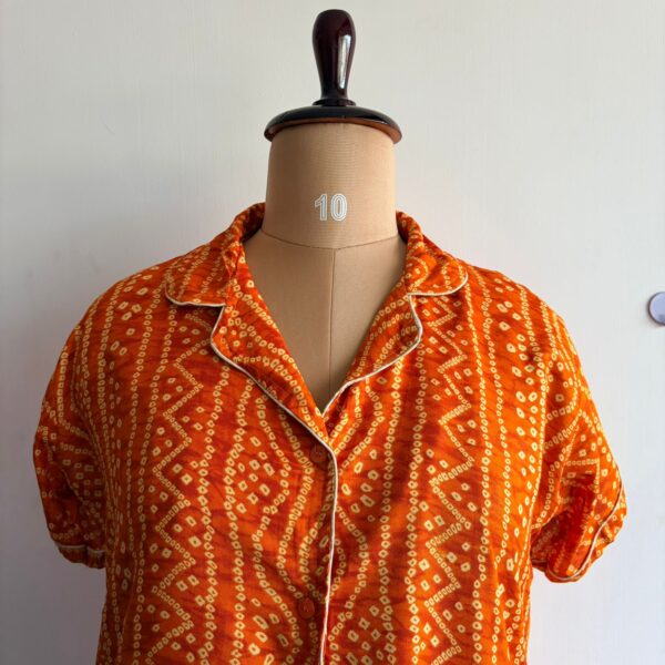 Yellow Bandhani Printed Rayon Full Open Long Polo Shirt Dress | Free Size | Chest Width 44″| Length 44″ - Image 2