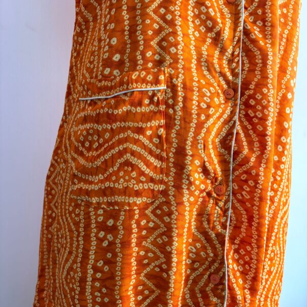 Yellow Bandhani Printed Rayon Full Open Long Polo Shirt Dress | Free Size | Chest Width 44″| Length 44″ - Image 3