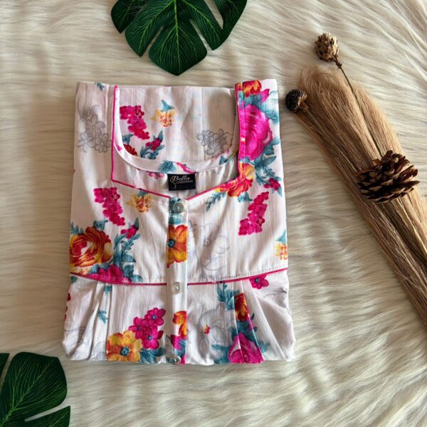 Pink Floral Printed White Premium Cotton Button Zip Nighty | Free Size | Chest Width 44″| Length 55″-56″