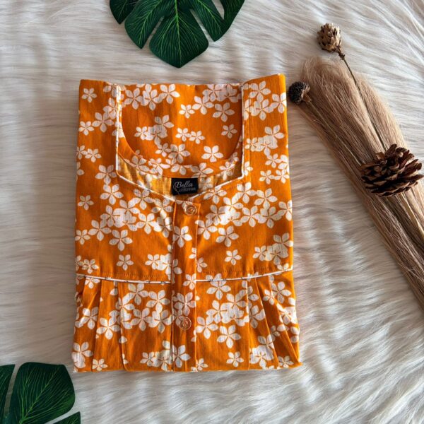 Mustard Yellow Floral Printed Premium Cotton Button Zip Nighty | Free Size | Chest Width 44″| Length 55″-56″