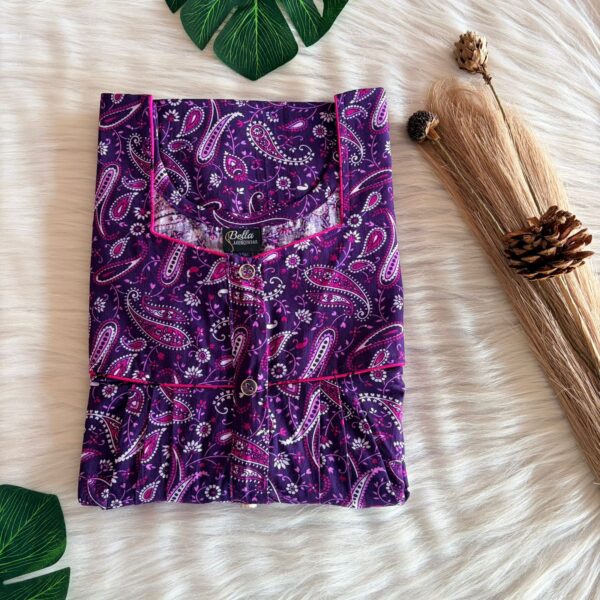 Purple Kalamkari Printed Premium Cotton Button Zip Nighty | Free Size | Chest Width 44″| Length 55″-56″