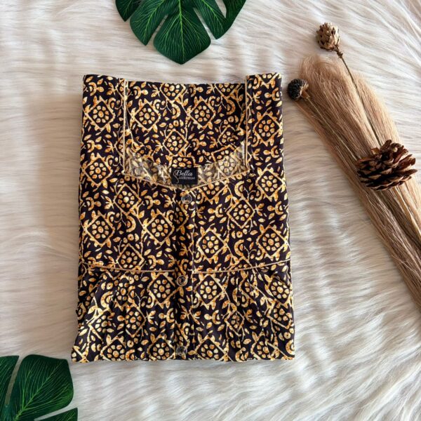 Coffee Brown Printed Premium Cotton Button Zip Nighty | Free Size | Chest Width 44″| Length 55″-56″