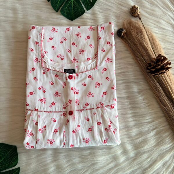 Red Floral Printed White Pure Cotton Plus Size Button Zip Nighty | Free Size | Chest Width 50″| Length 55″-56″