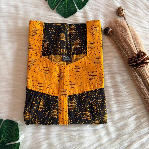 Yellow And Black Printed Premium Cotton Square Neck Pleated Nighty | Free Size | Chest Width 44″| Length 55″-56″