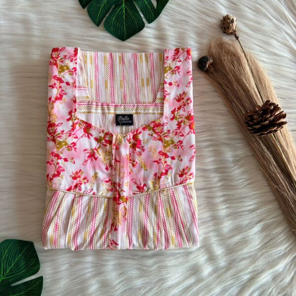 Red And White Printed Premium Cotton Square Neck Pleated Nighty | Free Size | Chest Width 44″| Length 55″-56″