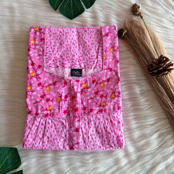 Yellow And Pink Printed Premium Cotton Square Neck Pleated Nighty | Free Size | Chest Width 44″| Length 55″-56″