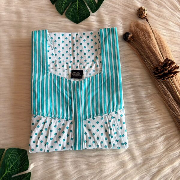 Aqua Green And White Dot Printed Premium Cotton Square Neck Pleated Nighty | Free Size | Chest Width 44″| Length 55″-56″