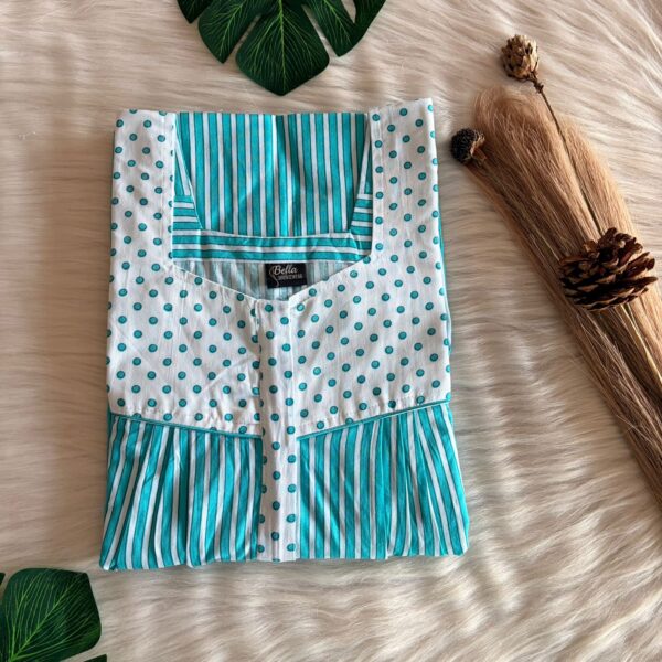 Aqua Green And White Stripes Printed Premium Cotton Square Neck Pleated Nighty | Free Size | Chest Width 44″| Length 55″-56″