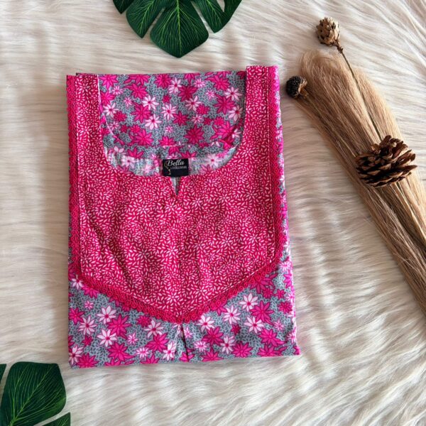 Pink And Grey Floral Printed Premium Cotton Mix N Match Lace Pocket Nighty | Free Size | Chest Width 44″| Length 56″